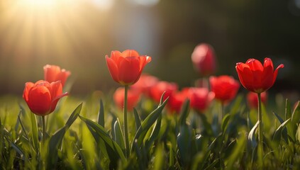 Naklejka premium Red tulip field during spring, designed for use as a nature-themed layout backdrop