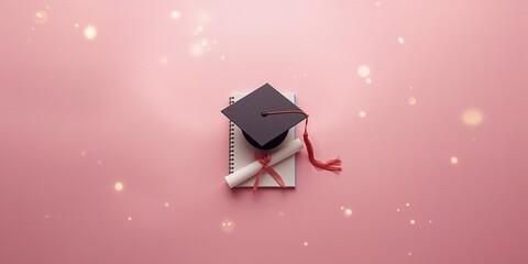 Cap and diploma with notebook on pink background, highlighting educational success and ceremony