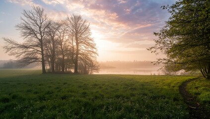 Obraz premium European spring scene with lush grass and sunrise, highlighting natural beauty and seasonal transition