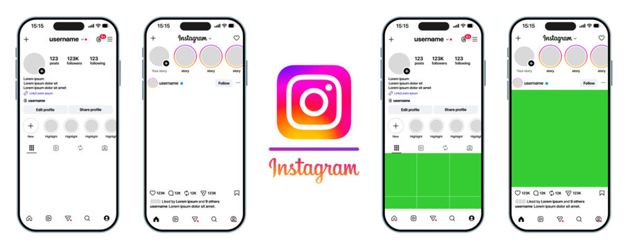 Instagram 2026 Profile and Post Feed Interface Mockup Showing User Bio Header Story Highlights Content Grid Timeline and Navigation Layout on iPhone with Instagram Logo