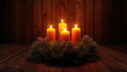 Fourth week of advent featuring lit pillar candles on an evergreen wreath with a wooden backdrop, holiday preparation