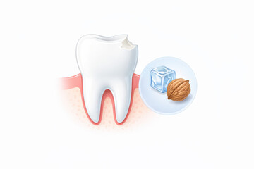 Illustration of a Tooth with a Chip and Nearby Ice Cube and Nut, Highlighting Dental Health Concerns and Nutrition Impact