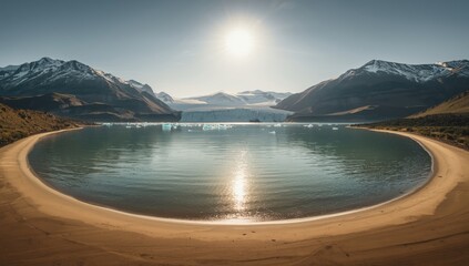 Snow-covered mountain and sea with glacier water at a travel destination, highlighting landscape features