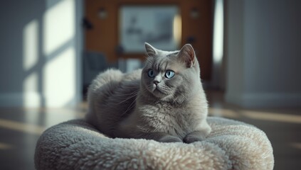 British Shorthair cat with blue eyes, highlighting relaxed posture and facial features, suitable for pet care backgrounds