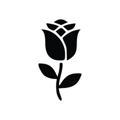 A simple black silhouette of a rose flower with a stem and two leaves on a white background, representing natural beauty.