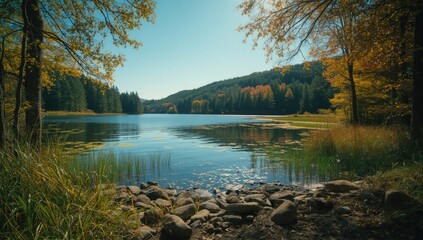 Obraz premium Autumn water setting with grass and stones, forest backdrop for nature-themed design or background use