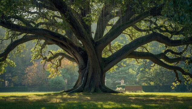 Seven-century-old oak with rain and lightning damage, highlighting environmental endurance