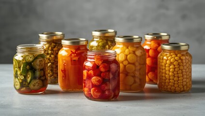 Multiple jars filled with pickled vegetables on a neutral-toned table, serving as a background for food labeling or product display