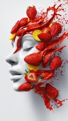 Creative art piece blending a woman's face with vivid strawberries and splash of vibrant red