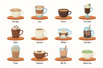 Flat Cartoon Coffee Drinks, Vector Illustration. Flat White, Latte, Espresso, Irish Coffee, Mocha, Americano, Affogato, Cold Brew, Frappe, Cappuccino, Milk Tea, Matcha Latte, Cafe Icons. Coffee Mugs