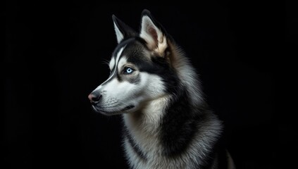 Obraz premium Close-up of a Siberian Husky with striking blue eyes on a dark backdrop, highlighting canine alertness