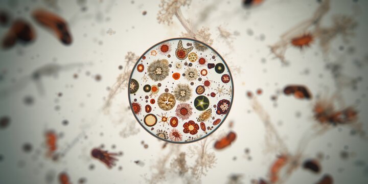 Phytoplankton observed on a microscope slide, serving as a basis for marine ecological research