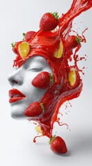 Creative expression unfolds with strawberries and citrus splashing around a sculpted face, showcasing vibrant colors and dynamic energy