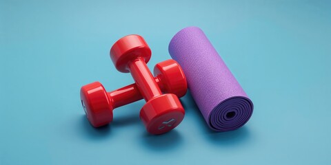 Red dumbbells and a twisted yoga mat arranged on a blue surface, home fitness equipment for exercise routines