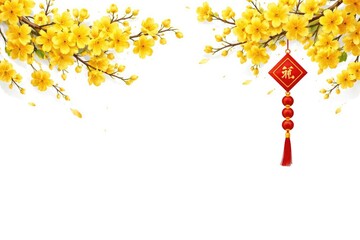 Lunar new year floral banner showing yellow apricot flowers and a dangling charm on white