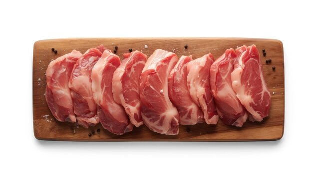 Uncooked pork chunks with salt and pepper, emphasizing raw preparation for culinary use