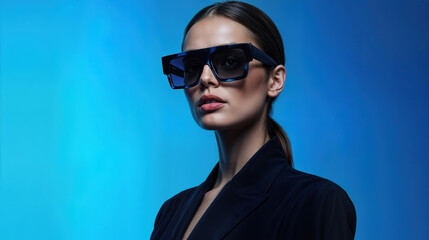 Model poses with sunglasses under colorful lights in a studio setting