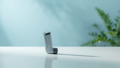 Asthma inhaler on table used for immediate relief, healthcare safety measures