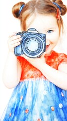 Joyful child capturing moments with a colorful camera in a bright setting