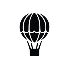 Black silhouette of a hot air balloon on a white background, simple and iconic design.