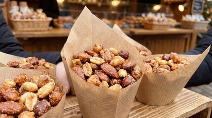 Candied nuts in winter market displayed in paper cones  