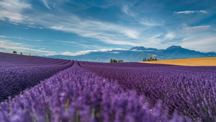 Lavender fields during peak flowering, ideal for editorial header backgrounds, seasonal change