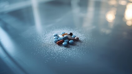 Detailed view of pills and white powder on reflective surface, highlighting substance abuse issues, World Substance Abuse Awareness Day