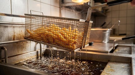 Fryer basket lifted from oil with crispy fries in restaurant kitchen  