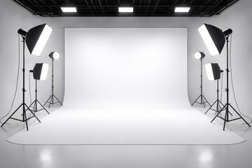 Clean photo studio setup featuring white seamless backdrop and LED lights