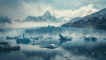 Scenic glacier landscape featuring icy rocks in a lake, snow-capped mountains, cold water, and wind exposure, Earth Day