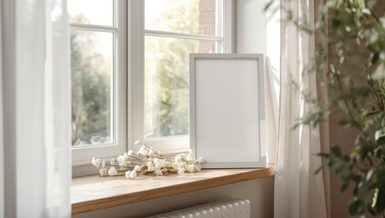 Fototapeta premium Detailed view of a frame with floral accents positioned near a window, used for visual presentation or creative projects