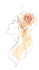 Elegant woman with flowing hair and a blooming rose in a serene profile, capturing beauty and tranquility in soft colors