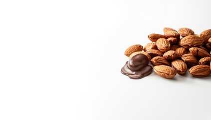 Chocolate-covered almonds arranged on a white surface, highlighting confectionery preparation