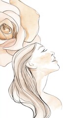 Gentle embrace of a rose and a woman's essence in soft hues of nature's beauty