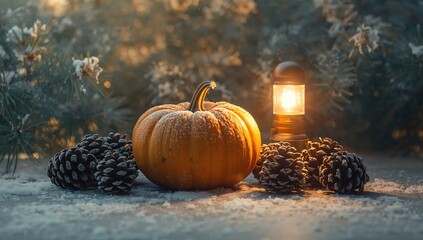 Festive holiday centerpiece with pumpkin, pine cones, and flashlight, Christmas decor elements