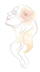 Elegant profile of a woman with flowing hair and a delicate flower accent in soft pastel tones