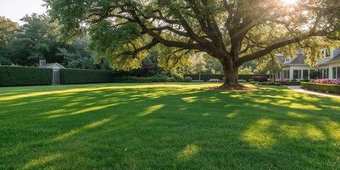 Obraz premium Freshly cut grass in a private backyard, serving as a background for outdoor furniture arrangement