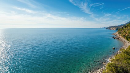 Serene, clear blue ocean reaching the horizon with gentle sunlight, ideal for background use in layouts or designs