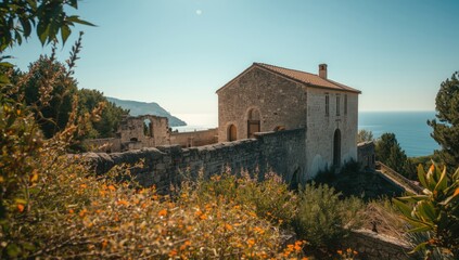 Naklejka premium Ancient Mediterranean village with stone buildings and narrow pathways, seasonal change