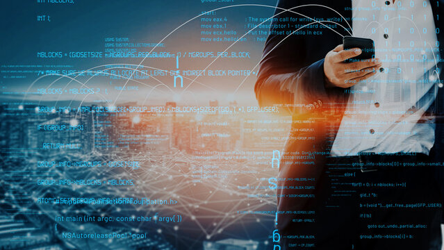 A businessman holds a smartphone while surrounded by streams of digital programming code, set against a vibrant urban landscape, symbolizing modern technology. Xenic - Powered by Adobe