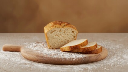 Artisan rustic bread with sliced portions, highlighting traditional baking methods in a country setting