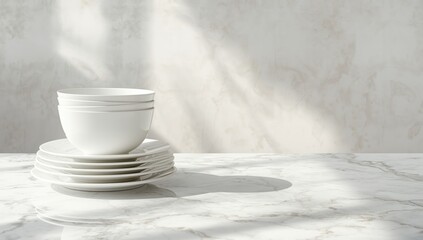 Row of clean white plates stored for restaurant service, focusing on efficiency and maintenance