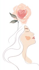 Embracing serenity with a delicate rose blooming above a serene woman's head in a graceful artistic style