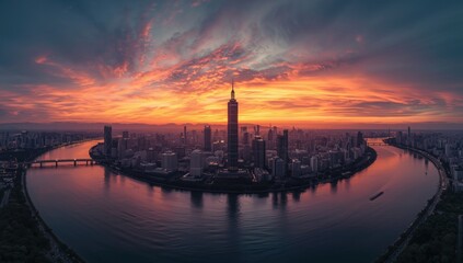 Wide view of Taipei skyline during dusk with illuminated structures and water reflections, city planning