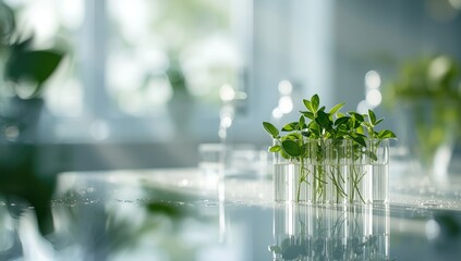 Laboratory setup with water-filled glass test tubes containing green plants, focusing on plant growth and scientific study