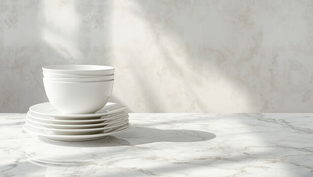 Row of clean white plates stored for restaurant service, focusing on efficiency and maintenance