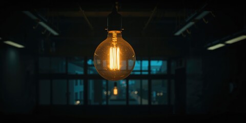 Large retro light bulb casting glow in a dark space, emphasizing ambient lighting design