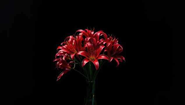 Red Lily flowers bouquet on dark background, ideal for visual emphasis in floral arrangements