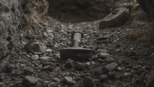 Geologist's rock pick tool resting on natural rocks within an abandoned chromite mine, highlighting exploration efficiency