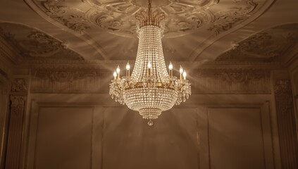 Indoor ceiling installation of a sparkling crystal chandelier, suitable for elegant background design